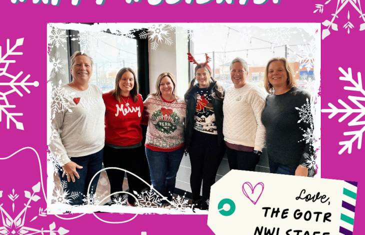 6 GOTR NWI staff members smile, while wearing their holiday-themed gear